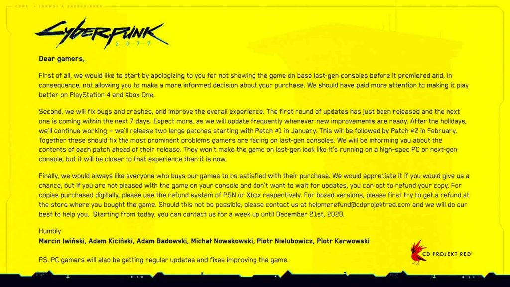 cyberpunk-2077-message-d-excuse-CD-Projekt-Red