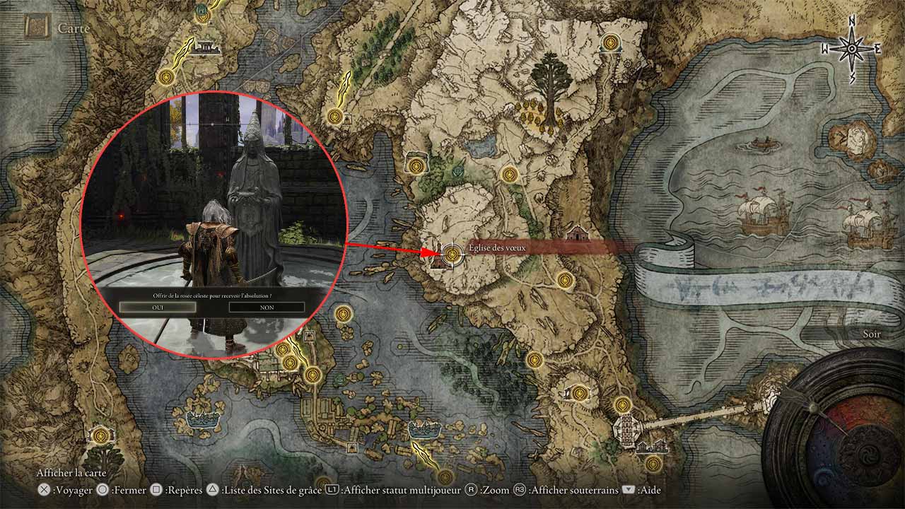 Guide Elden Ring trouver l’église des voeux et utiliser la rosée céleste pour faire expier ses
